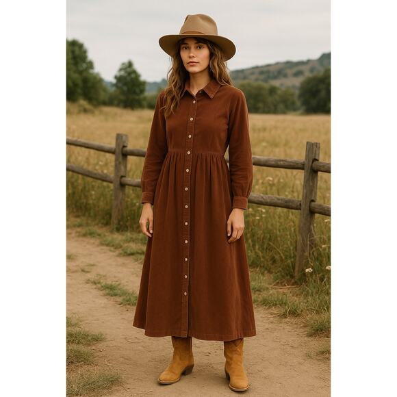 Fads Dresses & Skirts - Fads Vintage Corduroy Velour Maxi Long Sleeve Dress Brown Country Western Small